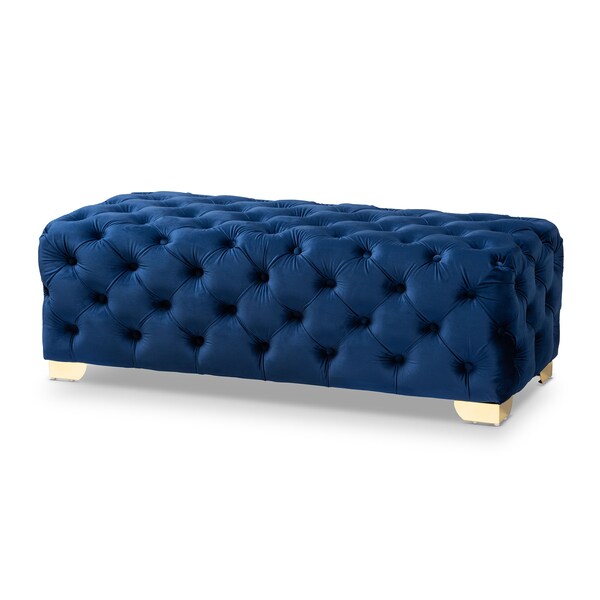 Baxton Studio Avara Blue Velvet Upholstered Gold Finished Tufted Bench Ottoman 154-9366 - main